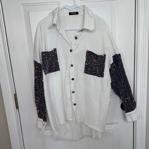 Chic White Long Sleeve Button Down Shirt with Grey/Blue Sequin Details